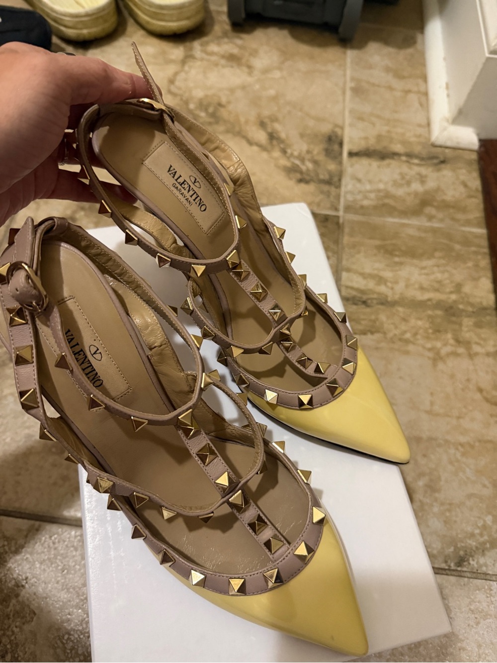 Valentino Yellow and Nude Rockstud Pointed T-Strap Pumps